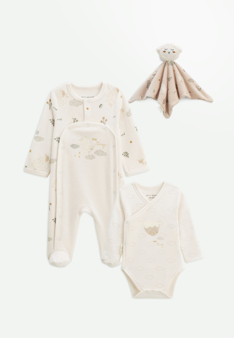 Kit naissance 3 pièces pyjama, body et doudou bébé Câlins