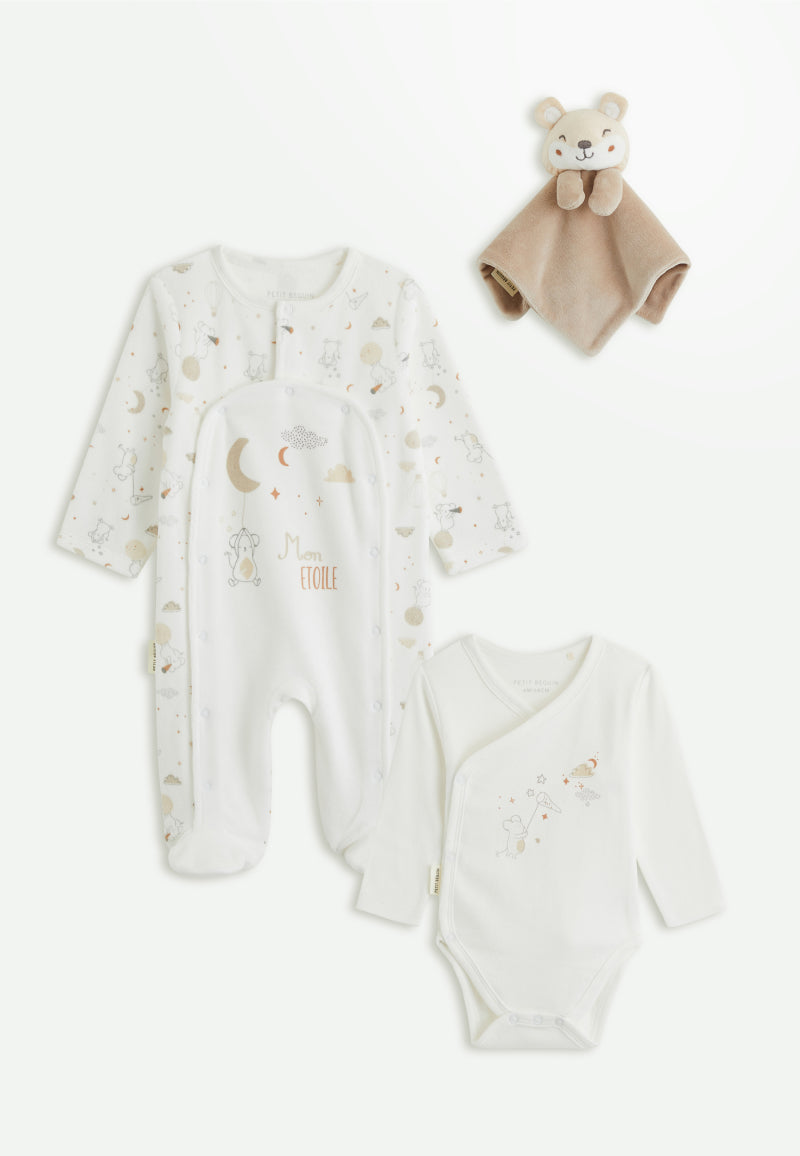 Kit naissance 3 pièces pyjama, body et doudou bébé Eliah