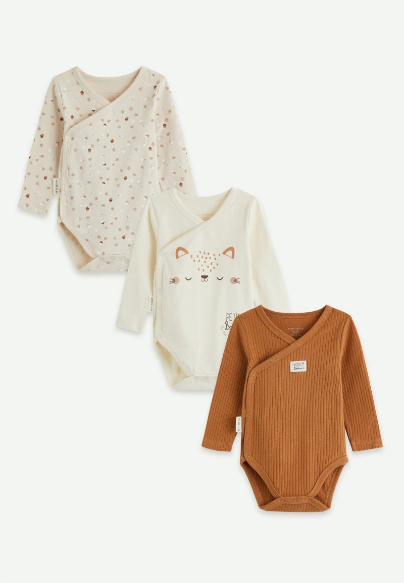 Lot de 3 bodies bébé manches longues ouverture croisée Caramel