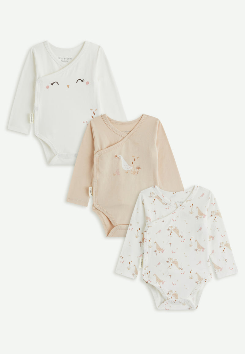 Lot de 3 bodies bébé manches longues ouverture croisée Margot